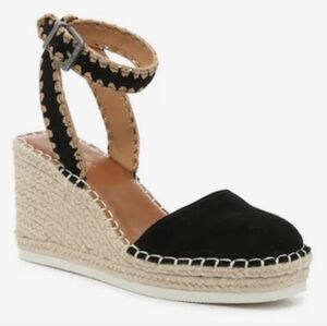 CROWN VINTAGE Black Leather Upper Espadrille Wedge Sandals Size 7